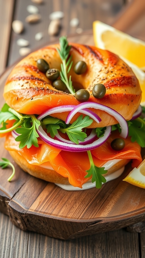 A smoked salmon bagel sandwich with cream cheese, arugula, red onion, and capers on a wooden board with lemon wedges.